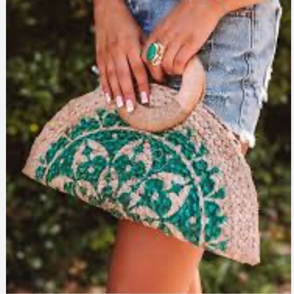 Antik Kraft Clutch Jute & Wood Handle Bag Floral Print Summer Beach Vibes - Picture 3 of 6